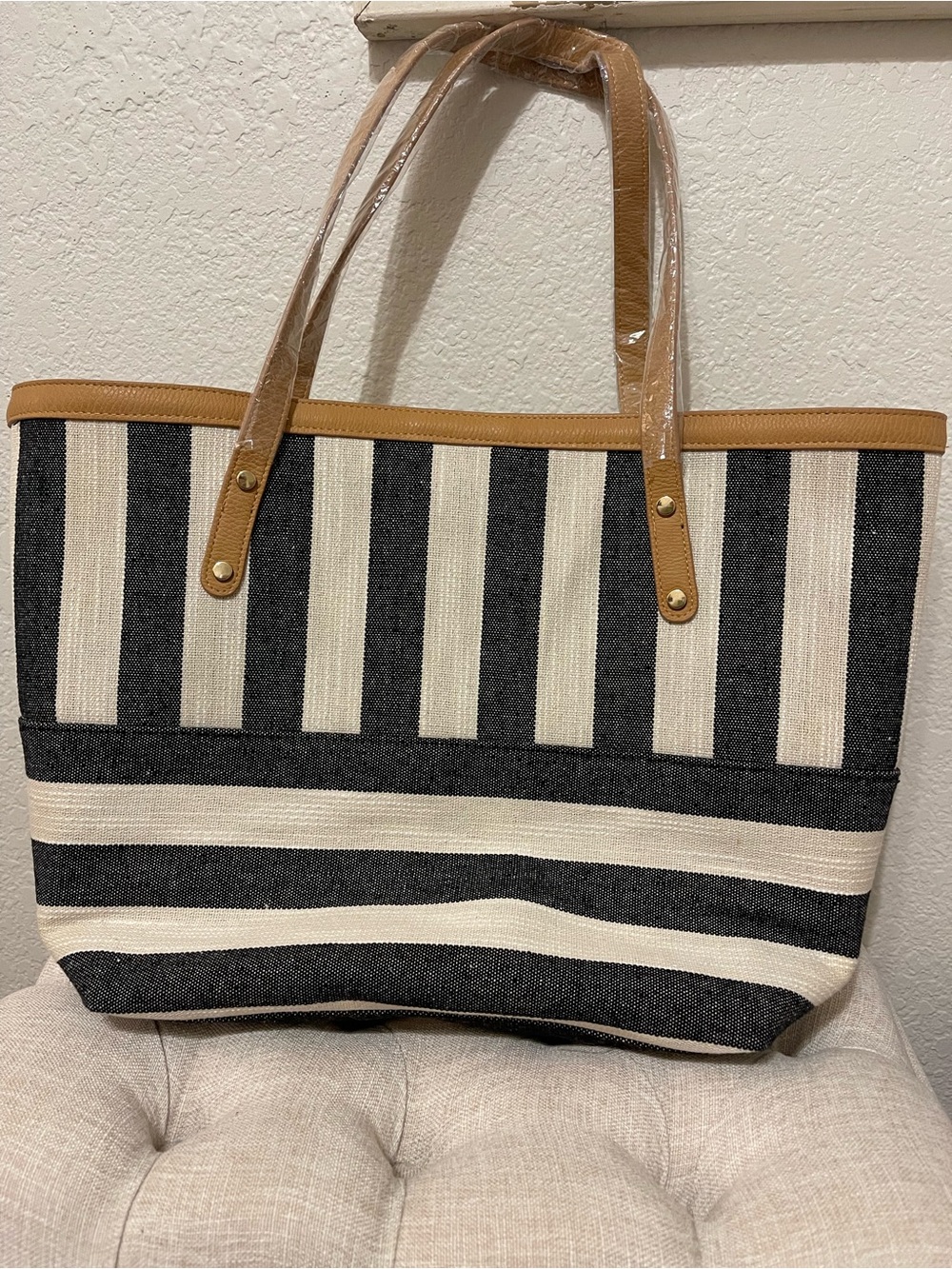 Chico’s Nautical Striped Canvas Tote with Tan Handles